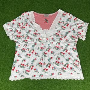 Mary Engelbreit Red Cherry All Over Print Short Sleeve Lace Trim Pajama Top XL
